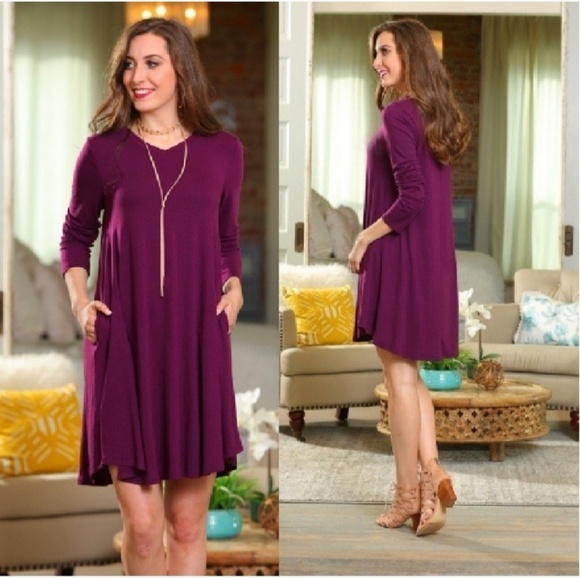 Sz L Plum V Neck Tunic Dress - Picture 3 of 4